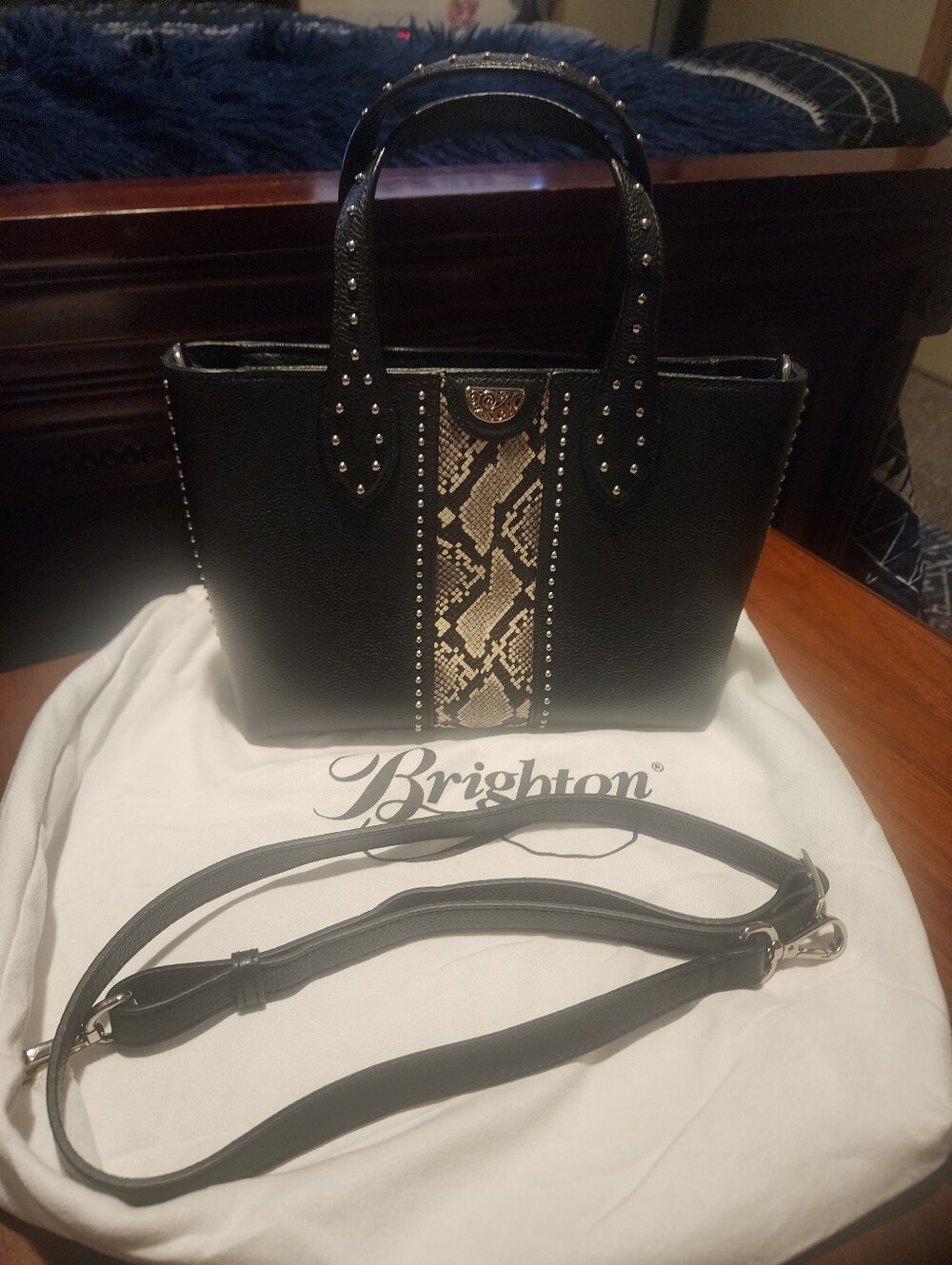 Brighton Black Leather Crossbody with Snake-Print Stripe
